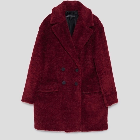 Zara Wool Fuzzy Fur Coat Red New